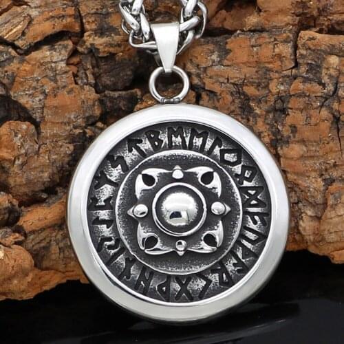 Men stainless steel Nordic viking Shield Compass Talisman Rune necklace with viking gift bag