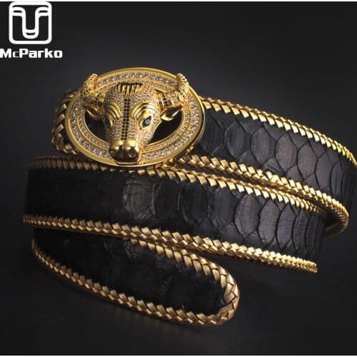 McParko Men Belt Genuine Leather Snakeskin Mens Belts Fashion Cow Buckle Punk Rock Designer Belt Mens Accessories Luxury Gift HQ