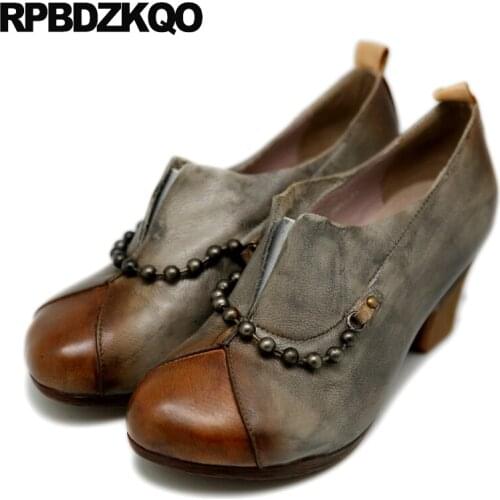Gray Chunky 2017 Pumps Unique Round Toe Genuine Leather Ladies Classic Handmade Size 4 34 Retro Women Shoes Autumn Chinese