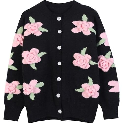 Vintage Fashion Luxury Christmas 3D Floral Embroidery Winter Cardigans Coat Women Black O-Neck Looseknitted Sweater Clothes New