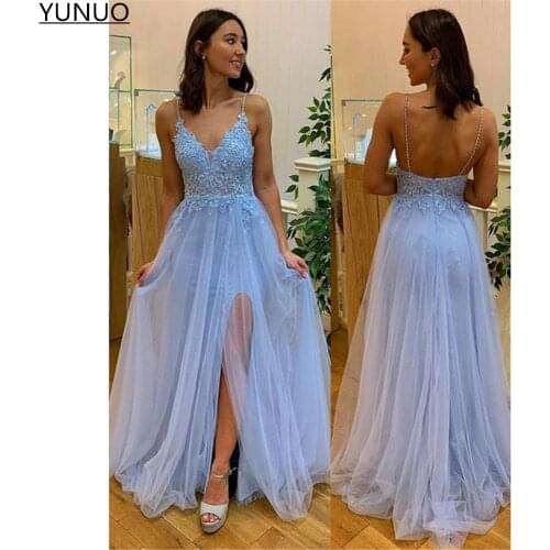 YUNUO A Line Tulle Prom Party Dresses Lace Appliques Spaghetti Straps Backless Split Evening Gowns robes de soirée Formal Dress