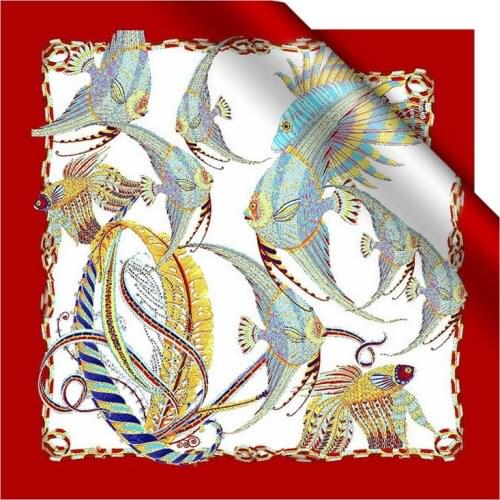 Women Large Square 100% Silk Scarf Shawl Colorful Fish Print Silk Wraps Foulard Luxury Hand Rolled Xmas Gifts NEW 106x106cm
