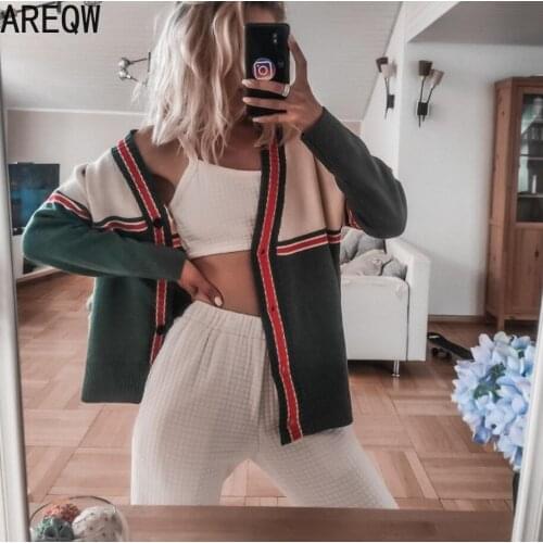 2021 New Spring Fall Oversized Sweater Loose V-neck Knitted Cardigan Jacket Casual Sweater Female