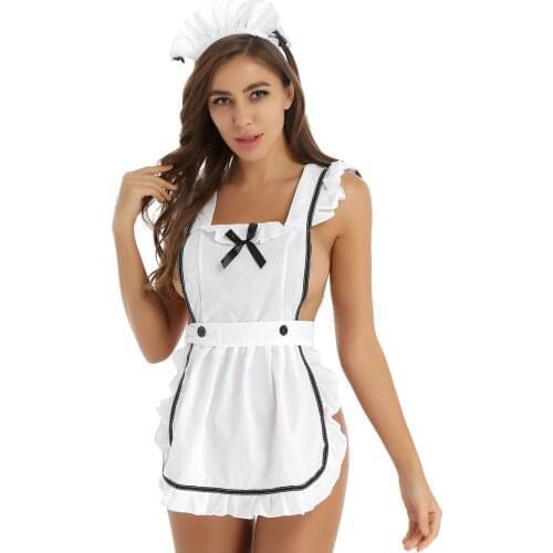 Womens Femme Lingerie Sexy hot Parties Maid Dress Up Retro Apron Kitchen Cooking Cleaning Dress Cosplay Sexy Costume with Thongs