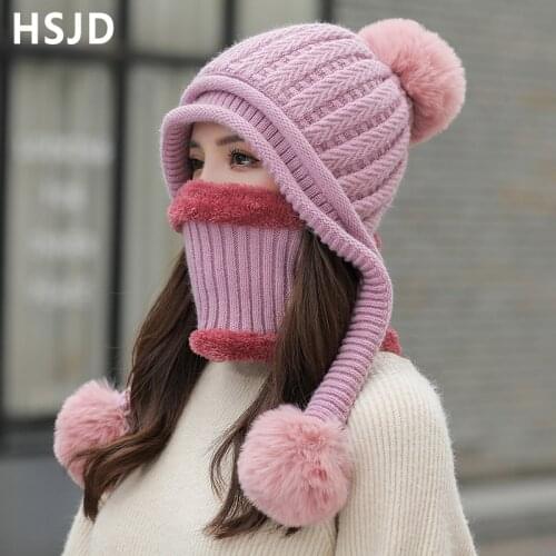 Winter Womens Mixed Color Knitted Hat Scarf 2Pcs Set Warm Wool Lining Beanies Hats With 3 Balls Crochet Pompom Ear Cap Female