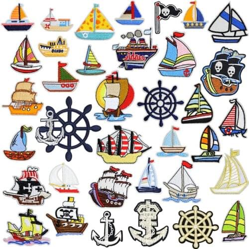 100pcs/lot Fashion Embroidery Patch Pirate Sailing Sea Spear Ship Steering Wheel Clothing Decoration Iron Heat Transfer Applique
