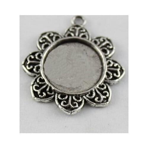 150 Tibetan silver Cabochon Settings Pendant Trays glue on bail picture frame flower charm A12188