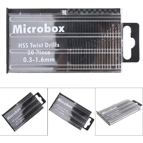 20pcs/set Microbox Precision HSS Twist Drills Bit Craft Hobby 0.3-1.6mm for WoodPlastic Products PCB Circuit Board Drilling