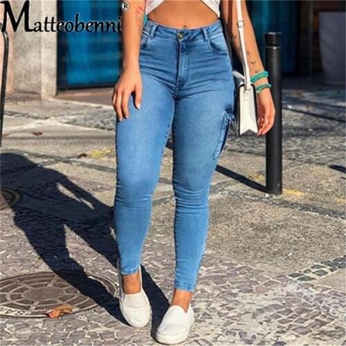 2021 Women Slim Distressed Pocket High Waist Denim Pencil Pants Sexy Stretch Tight Female Street Casual Plus Size Trousers Jeans