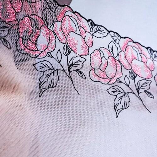 1Meter 22.5CM Wide Pink Rose Floral With Black Edge Embroidered Lace Trim Mesh Lingerie Underwear Bra Dolls Dress Sewing Fabric