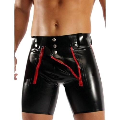 S-4XL Size Mens Tight Casual Shorts Unique Double Zipper Crotch Opening Wild Lederhosen Faux Leather Shorts PVC Latex Bodysuit
