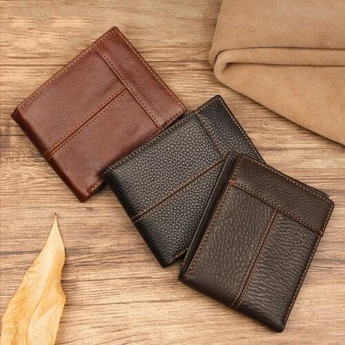 100% Cowhide Leather Mens Wallet Short Bilfold Cards Wallet Luxury Ridge Wallet Rifd Blocking Slim Coin Purse for Male Black