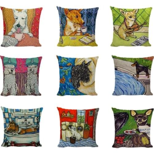 Cuteness Dogs Oil Painting Cushion Covers Square 17.7 Inch Linen French Bulldog Car Trip Decor Poodle Schnauzer Pillow Cases