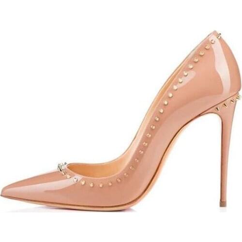 New Fashion Shiny Patent Leather Rivets Pointed-Toe High Heels Shoes Natural Color Thin Heels Woman Dress Shoes Pumps