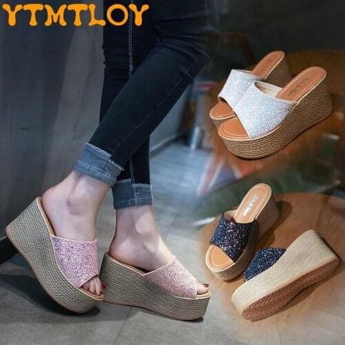 Summer new style fish mouth sequin sandals and slippers wedge heel platform open toe high heel womens shoesChaussures Femme