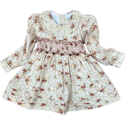 Baby girl spring autumn vintage floral smocked dress kids casual long sleeve cute birthday party princess dress