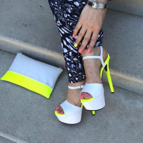 Newest Open Toe High Platform Stiletto Heel Gladiator Sandals Neon Yellow White Leather Patchwork High Heel Sandals