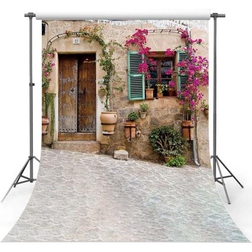 Vintage Rural Village House Window Door Flower Yard Porch Wreath Scene Photo Background Photography Backdrop Studio