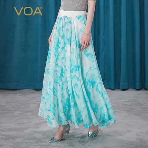 VOA Silk Georgette Collision Splicing Green Lines Bright Lines Edging Fairy Pants Summer Skirt Long Thin Wide-leg Pants KE176