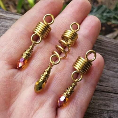Amber Gold Glass Loc Beads Spiral Gold Wrap Loc Jewelry, Dreadlock Jewelry