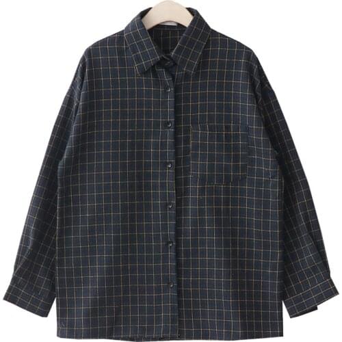 2020 summer new plaid women shirts v-neck turn-down collar black loose large size vintage all match preppy style female cardigan