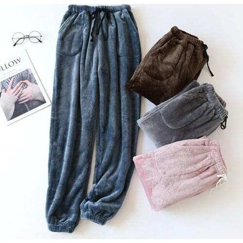 Women Autumn Winter Pajama Loose Trousers Casual Flannel Fleece Warm Sleep Bottoms with Side Pockets White Grey Black Red Pink