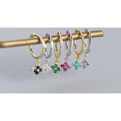 DORIN 925 Sterling Silver Hoop Earrings With Colorful Zircon Flower Pendant For Women Girls Gift Loop Earrings Pendientes