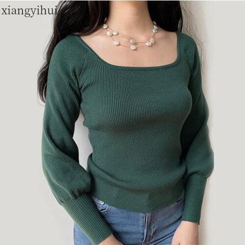 French Style Vintage Square Collar Knitted Pullovers Green Women Sweaters Winter Autumn Casual Lantern Sleeve Knit Jumpers