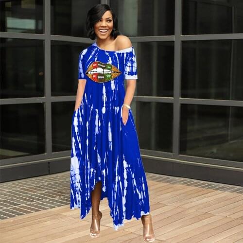 S-5XL Plus Size Mouth Tie Dye Print Irregular Dress Women One Shoulder Short Sleeve Maxi Dress Casual Backless Beachwear Dress