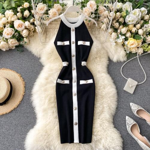 Retro Dress 2021 New Women Fashion Sexy Halter Buckle Slimming Vestidos Knitted Summer Stretch Waist Bodycon Dresses