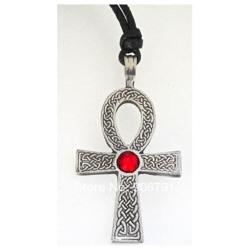 30pcs a lot antique silver plated religious ankh cross with brilliant red crystal pendant necklace jewelry
