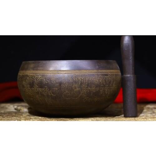 6"Tibet Buddhism Old Bronze Turning bowl Buddha sound bowl Buddhism Dharma Copper chime Buddha Sound Mahogany handle Copper bowl