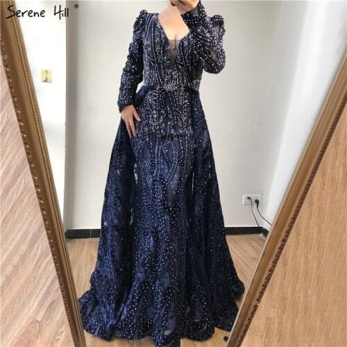 Dubai Blue Deep-V Crystal Sexy Evening Dresses 2021 Long Sleeves Luxury Mermaid Evening Gowns Serene Hill Plus Size LA70223