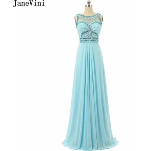 JaneVini Elegant Light Sky Blue Chiffon Plus Size Long Bridesmaid Dresses Scoop Neck Beading Backless A Line Wedding Party Gowns