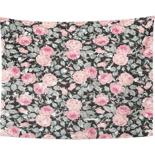 Tapestry Green Antique Vintage Floral Pattern with Pink Roses and Leaves on Black Beauty Tapestries Wall Hanging for Living Room