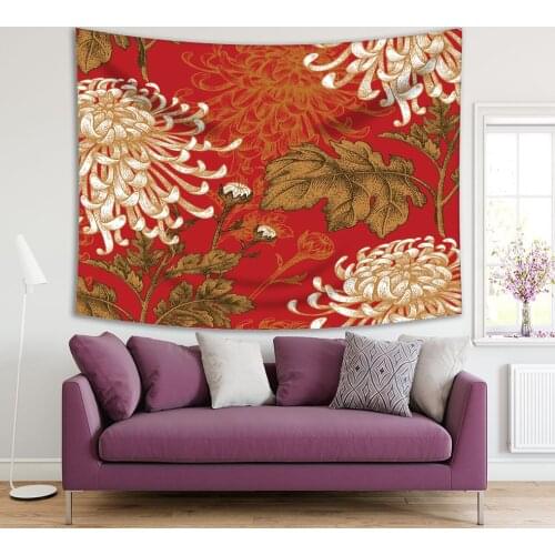 Tapestry Chrysanthemum Flowers Branches Leaves on Red Background Classic Oriental Floral Art White Gold Brown
