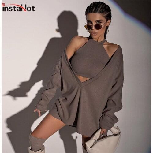 InstaHot Women Hollow Out Solid Fake Two Pieces Long Sleeve Casual Streetwear Vintage Loose Style Crop Tank And Sweatshirts 2021