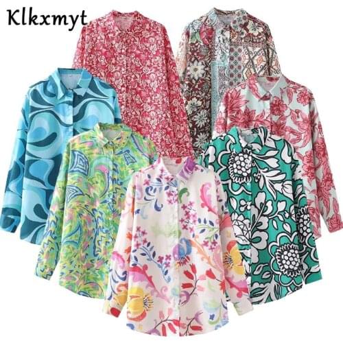Klkxmyt Za Shirts Woman 2021 Vintage Satin Totem Floral Print Blouse Women Office Business Casual Shirt Chic Loose Blusas Tops