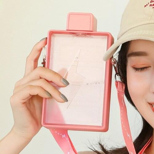 450ml Creative Square Plastic Water Bottle BPA Free Drinking Bottle with Strap for Children Portable Leakproof Drinkware Woman
