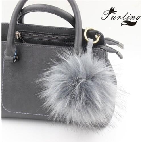 Furling 1pc 13cm Faux Raccoon Fur Pom Pom Keychain Bag Charm Gold Ring Fluffy Fur Ball as Gift for Girl