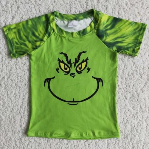 Fashion boy top T-shirt smiley face positioning grass short-sleeved boy green short-sleeved top boutique design clothing