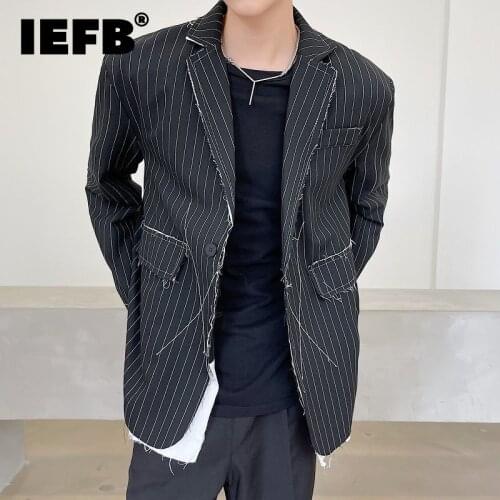 IEFB Autumn 2021 New Cutting Edge Striped Mens Blazer Japan Korean Trend Design Loose Big Size Single Button Suit Jacket 9Y9333