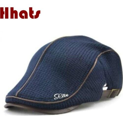 Casual male knitted beret hat adjustable old men crochet winter flat cap French style peaked cap vintage visor