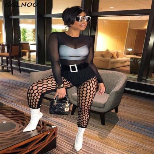 GGLNOO Big Hole Hollow Out See-through Skinny Trouser Women Fashion High Waist Slim Fit Streetwear Night Club Party Bottom