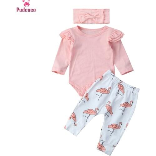 Pudcoco Autumn Infant Baby Girls Clothes Boy Cotton Romper Flying Long Sleeve Tops Pants Flamingo Headband bebe 3PCS Set Outfits