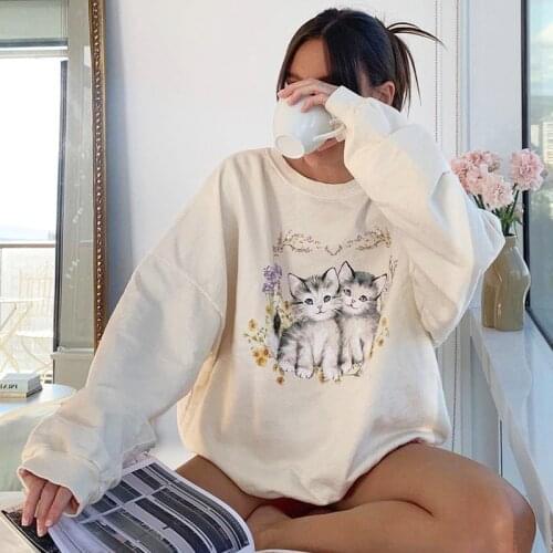 Cute Cat Floral Print Y2k Pullovers Women Autumn ​ Harajuku Casual Loose Long Sleeve Sweatshirt O-Neck Oversize Streetwear
