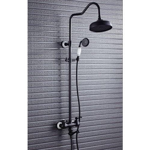 Bathroom Black Oil Paint Solid Brass Bathtub Shower Set Wall Mounted 8" Rainfall Shower Mixer Tap Faucet 3-functions Mixer Valve