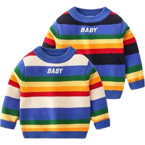 Toddler Boys Sweater Casual Rainbow Striped Warm Cotton Baby Boy Tops Pullovers Autumn Winter Thick Sweaters Children Clothes
