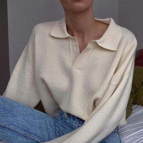 Women Fashion Autumn Solid Color Lapel V-Neck Sweaters Long-Sleeves Knitted Loose Pullovers Ladies Casual Casual Tops