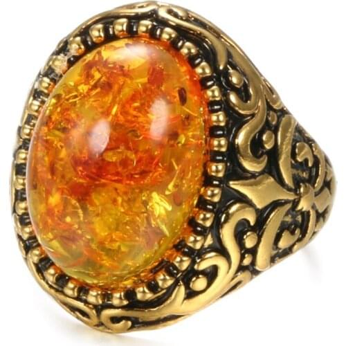 FYJS Unique Light Yellow Gold Color Oval Shape Tiger Eye Stone Finger Ring Ambers Antique Jewelry